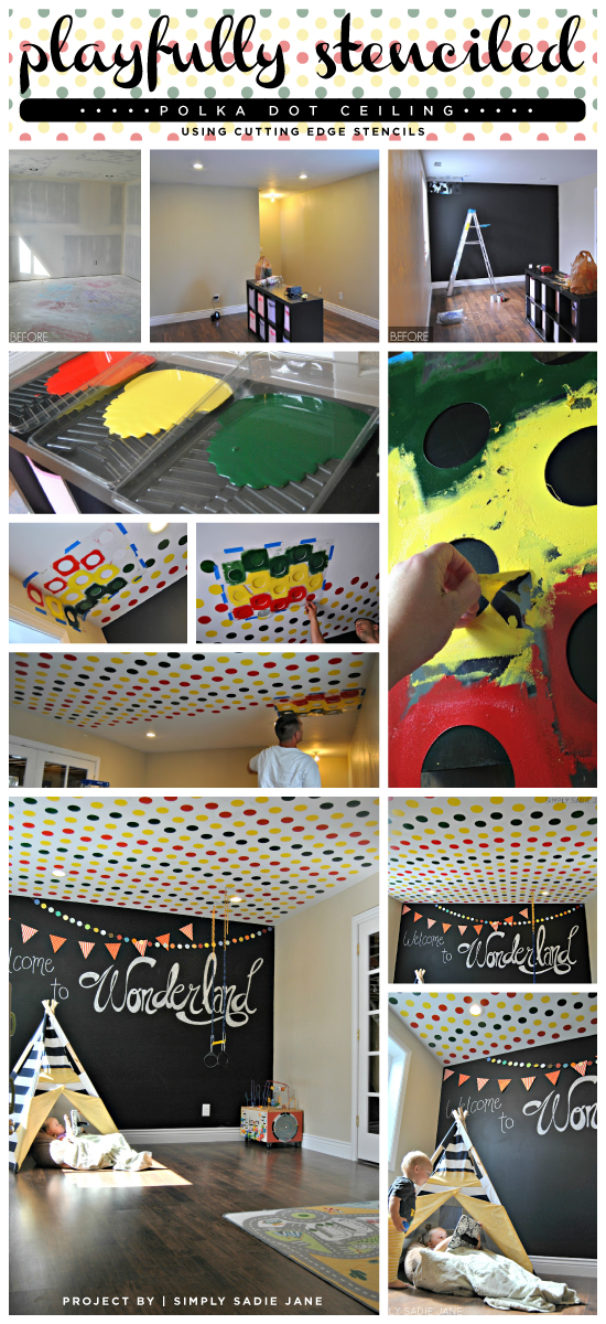 A Polka Dot stenciled kid's playroom ceiling using primary colors.  The stencil is from Cutting Edge Stencils. http://www.cuttingedgestencils.com/polka-dots-stencils-nursery.html