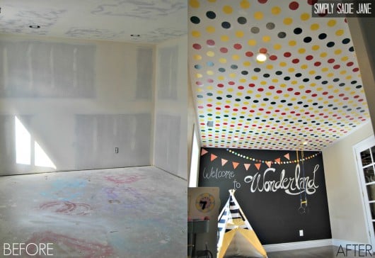 Polka Dot Stenciled playroom ceiling by Simply Sadie Jane. http://www.cuttingedgestencils.com/polka-dots-stencils-nursery.html