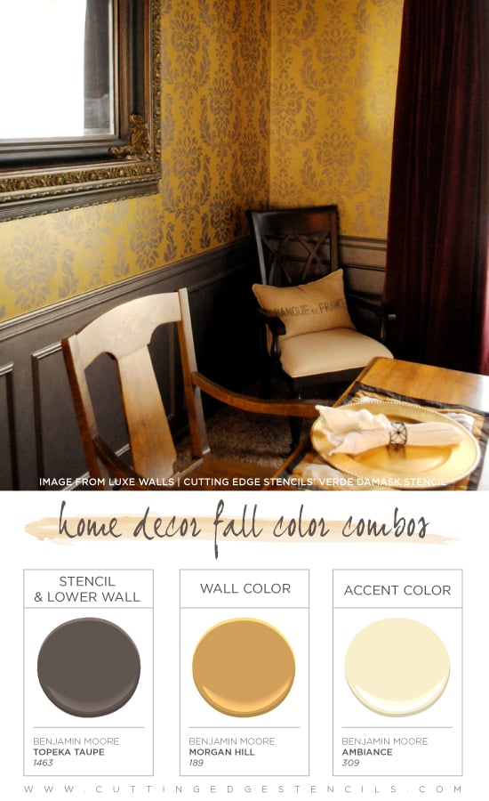 This Verde Damask stenciled dining room features a great Fall color combination! http://www.cuttingedgestencils.com/damask-stencil-wallpaper.html