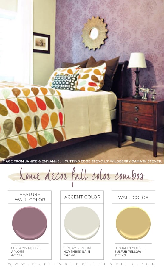 This Wild Berry Damask stenciled guest bedroom features an awesome Fall color combination! http://www.cuttingedgestencils.com/damask-stencil-berry.html