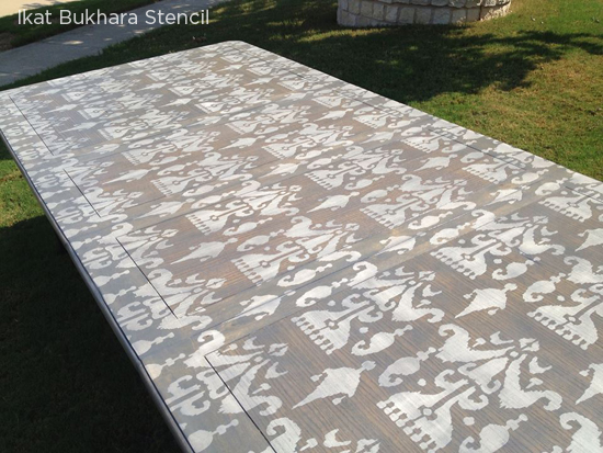 Paint a table using the Ikat Bukhara stencil from Cutting Edge Stencils. http://www.cuttingedgestencils.com/stencil-ikat-damask.html