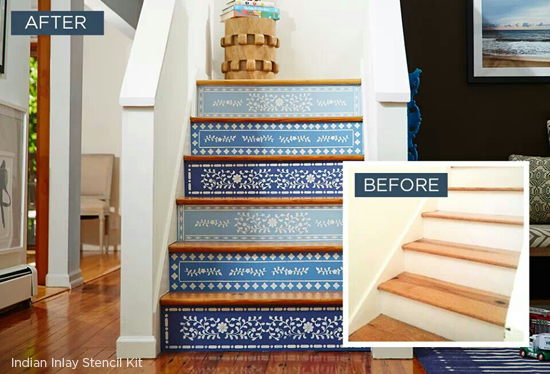 Stenciled stair risers found on One Kings Lane using the Indian Inlay Kit from Cutting Edge Stencils. http://www.cuttingedgestencils.com/indian-inlay-stencil-furniture.html