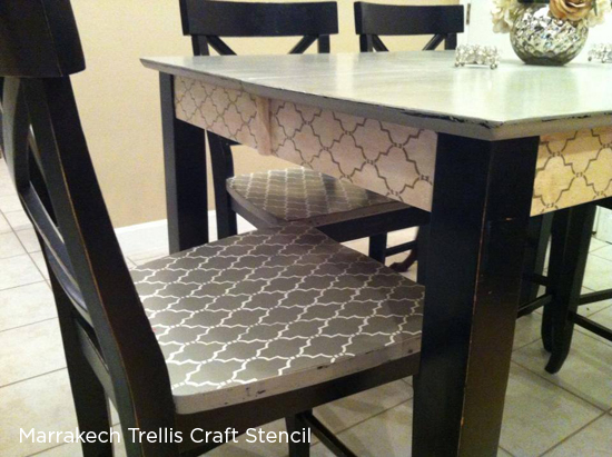 Stencil the side of a table and chairs using the Marrakech Trellis Craft Stencil. http://www.cuttingedgestencils.com/marrakech-stencil.html