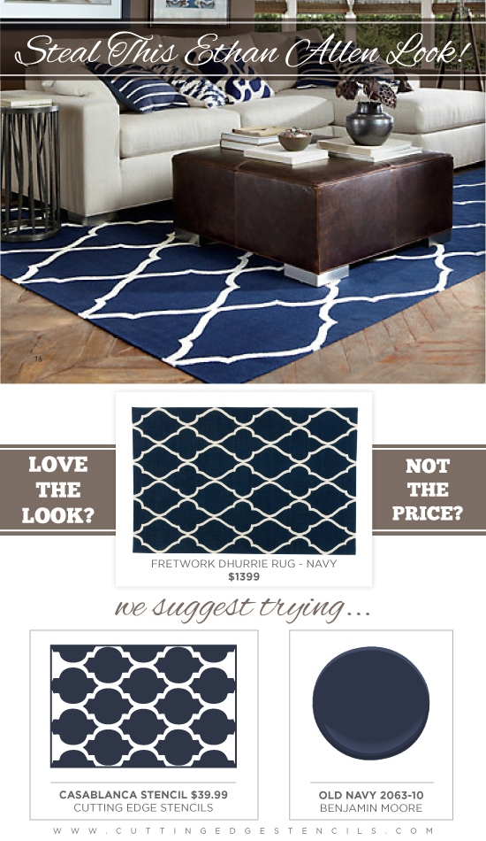 Use the Casablanca stencil to steal the look of this Ethan Allen rug! http://www.cuttingedgestencils.com/allover-stencils.html