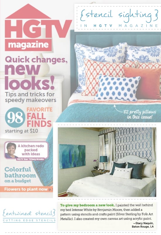 Entwined stenciled bedroom painted by Stacy Naquin featured in HGTV Magazine. http://www.cuttingedgestencils.com/stencil-pattern-2.html