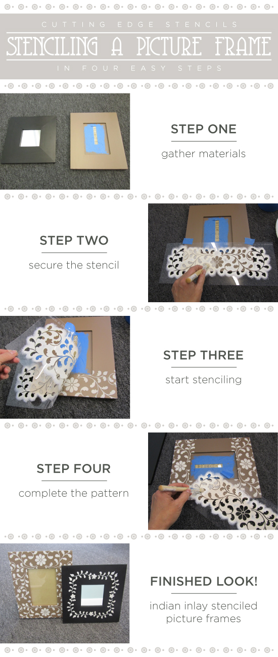 Learn how to stencil picture frames using the Indian Inlay Stencil Kit from Cutting Edge Stencils. http://www.cuttingedgestencils.com/indian-inlay-stencil-furniture.html