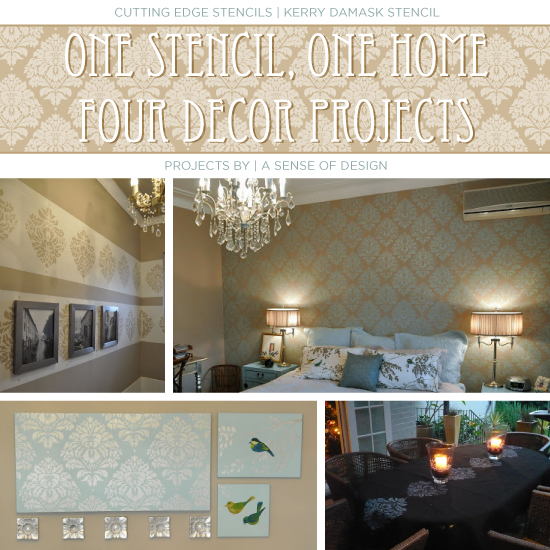 Four stenciled home decor projects using the Kerry Damask pattern from Cutting Edge Stencils. http://www.cuttingedgestencils.com/wall-damask-kerry.html