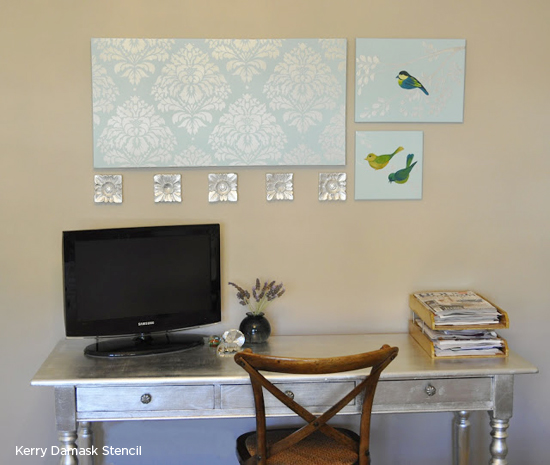 Stenciled wall art featuring the Kerry Damask pattern from Cutting Edge Stencils. http://www.cuttingedgestencils.com/wall-damask-kerry.html