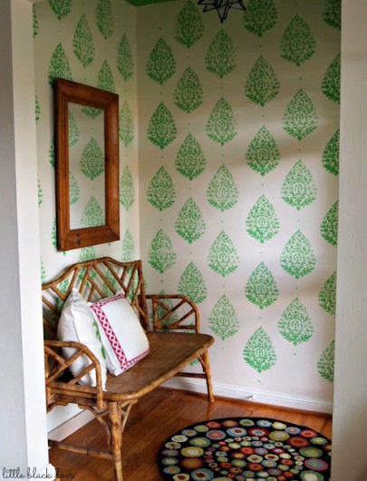 A stenciled entryway using our Sari Paisley stencil and Benjamin Moore's Lucky Shamrock green. http://www.cuttingedgestencils.com/sari-paisley-allover-stencil.html