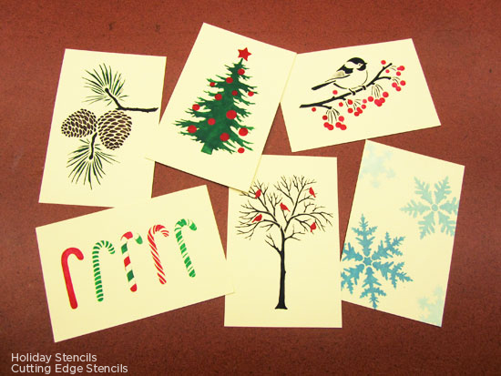 Create personalized holiday cards using stencils from Cutting Edge Stencils.  http://www.cuttingedgestencils.com/christmas-stencils-valentine-halloween.html