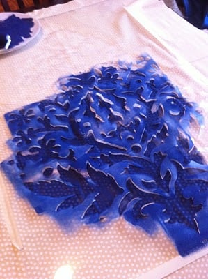 A stenciled tablecloth using the Sari Paisley Medium wall stencil. http://www.cuttingedgestencils.com/wall-stencil-paisley.html