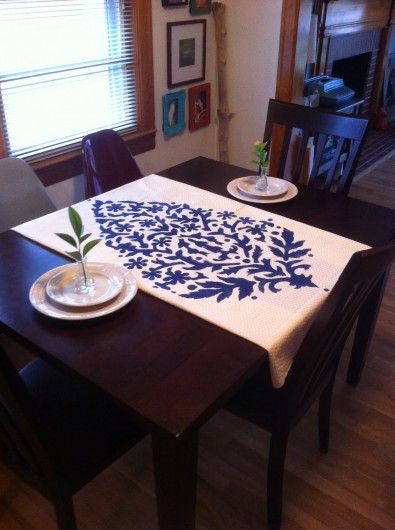 A stenciled tablecloth using the Sari Paisley Medium wall stencil. http://www.cuttingedgestencils.com/wall-stencil-paisley.html