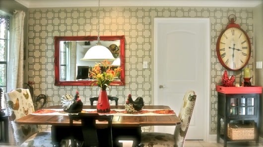 Stenciled accent wall in a country kitchen using the Missing Link Stencil. http://www.cuttingedgestencils.com/modern_stencil.html