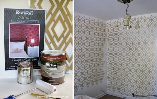 Stenciling the Alexa Allover Stencil from Cutting Edge Stencils in gold in a master bedroom. http://www.cuttingedgestencils.com/alexa-allover-wall-pattern.html