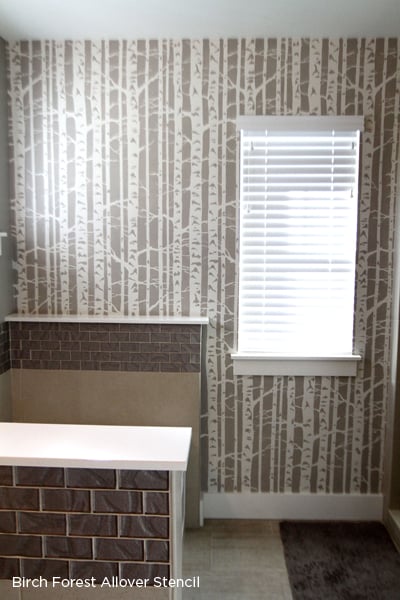 A stenciled accent wall using the Birch Forest Stencil from Cutting Edge Stencils. http://www.cuttingedgestencils.com/allover-stencil-birch-forest.html