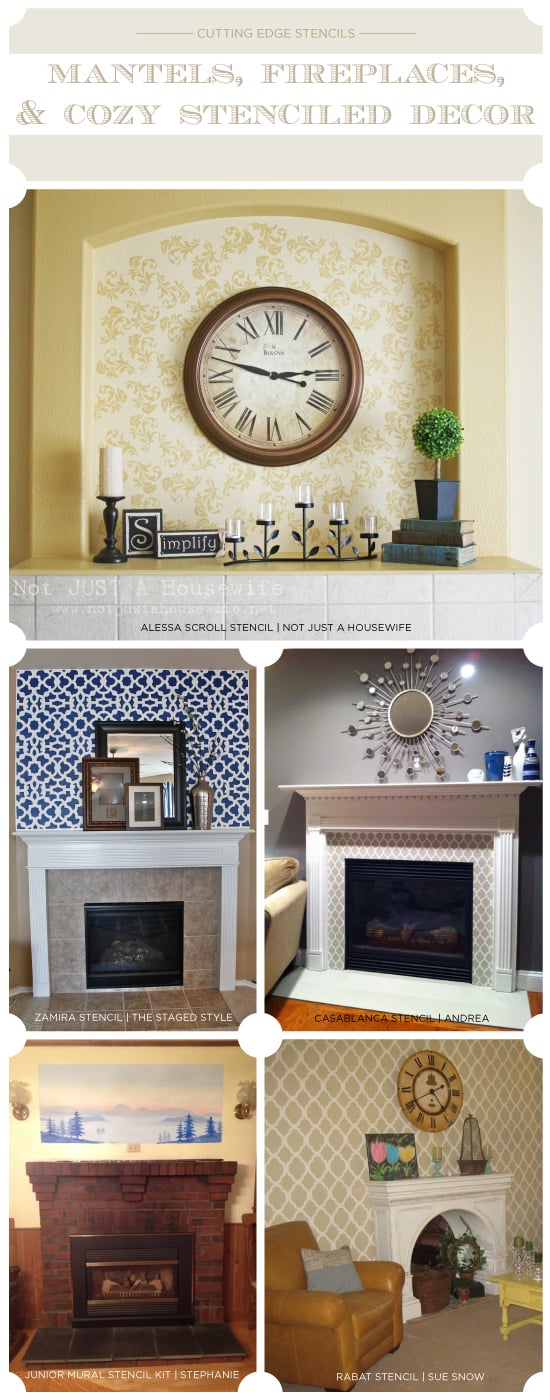 Stenciled fireplaces, mantels, and diy cozy home decor from Cutting Edge Stencils. http://www.cuttingedgestencils.com/scroll-stencil-1.html