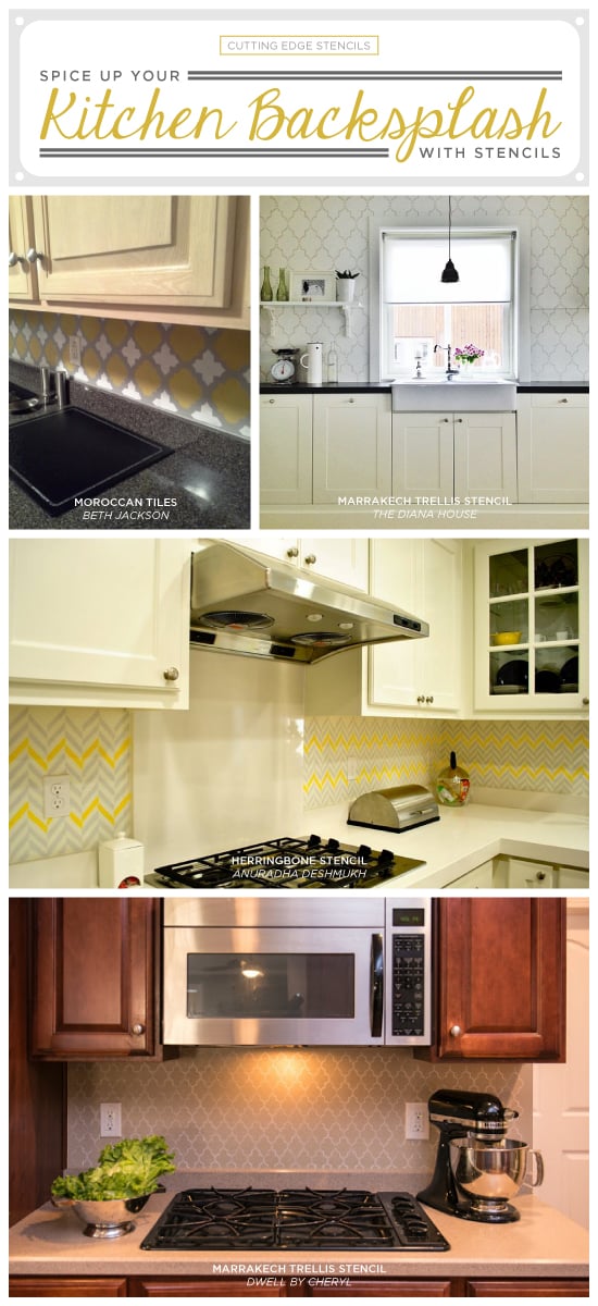 Cutting Edge Stencils shares stenciled kitchen backsplash ideas as an easy mini-makeover project. http://www.cuttingedgestencils.com/craft-furniture-stencils.html