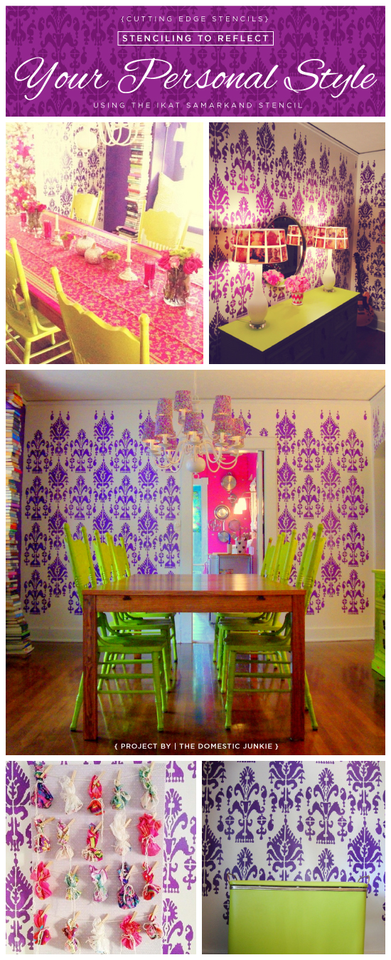Stenciled dining room using the Ikat Samarkand pattern in purple. http://www.cuttingedgestencils.com/ikat-stencil-uzbek.html