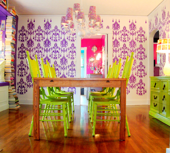 A purple stenciled dining room featuring the Ikat Samarkand stencil. http://www.cuttingedgestencils.com/ikat-stencil-uzbek.html