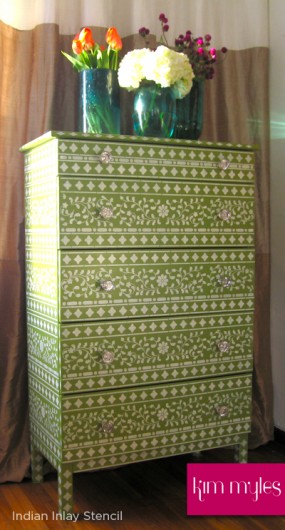 Green stenciled dresser painted with the Indian Inlay Stencil Kit from Cutting Edge Stencils. http://www.cuttingedgestencils.com/indian-inlay-stencil-furniture.html