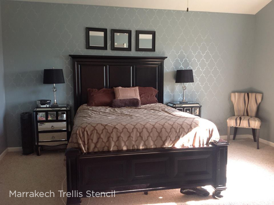 A blue bedroom accent wall that was stenciled with the Marrakech Trellis Stencil from Cutting Edge Stencils. http://www.cuttingedgestencils.com/moroccan-stencil-marrakech.html