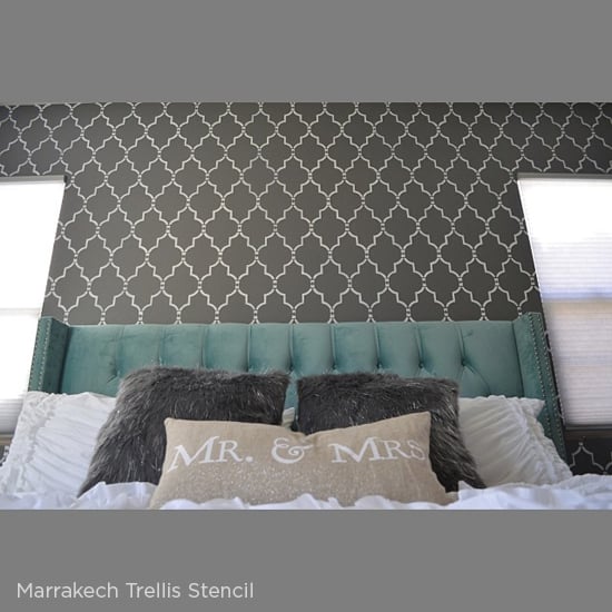 A Marrakech Trellis stenciled gray bedroom uses a stencil from Cutting Edge Stencils. http://www.cuttingedgestencils.com/moroccan-stencil-marrakech.html