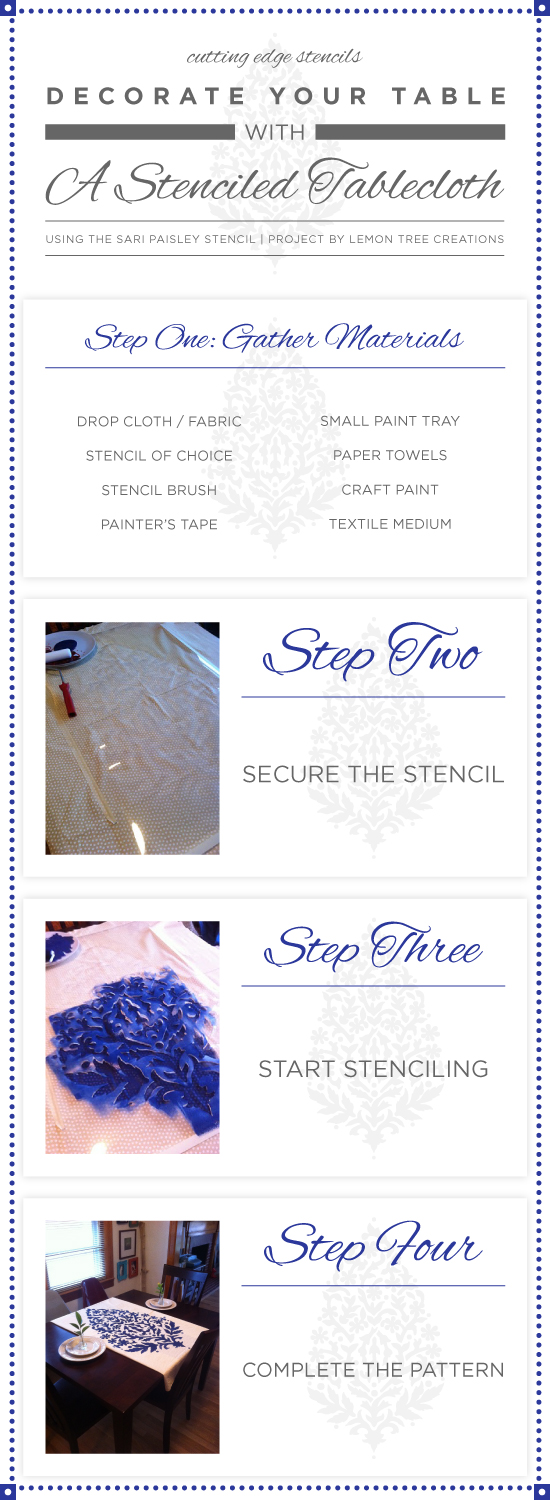Learn how to stencil a tablecloth using the Sari Paisley Medium wall stencil. http://www.cuttingedgestencils.com/wall-stencil-paisley.html