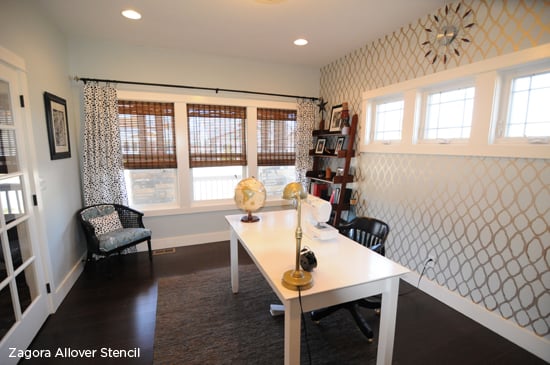 A stenciled accent wall in an office using the Zagora allover pattern from Cutting Edge Stencils. http://www.cuttingedgestencils.com/trellis-allover-stencil.html