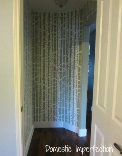 A stenciled hallway with the Birch Forest pattern from Cutting Edge Stencils. http://www.cuttingedgestencils.com/allover-stencil-birch-forest.html