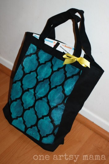 A DIY stenciled tote bag using the Casablanca Craft Stencil. http://www.cuttingedgestencils.com/craft-furniture-stencil.html