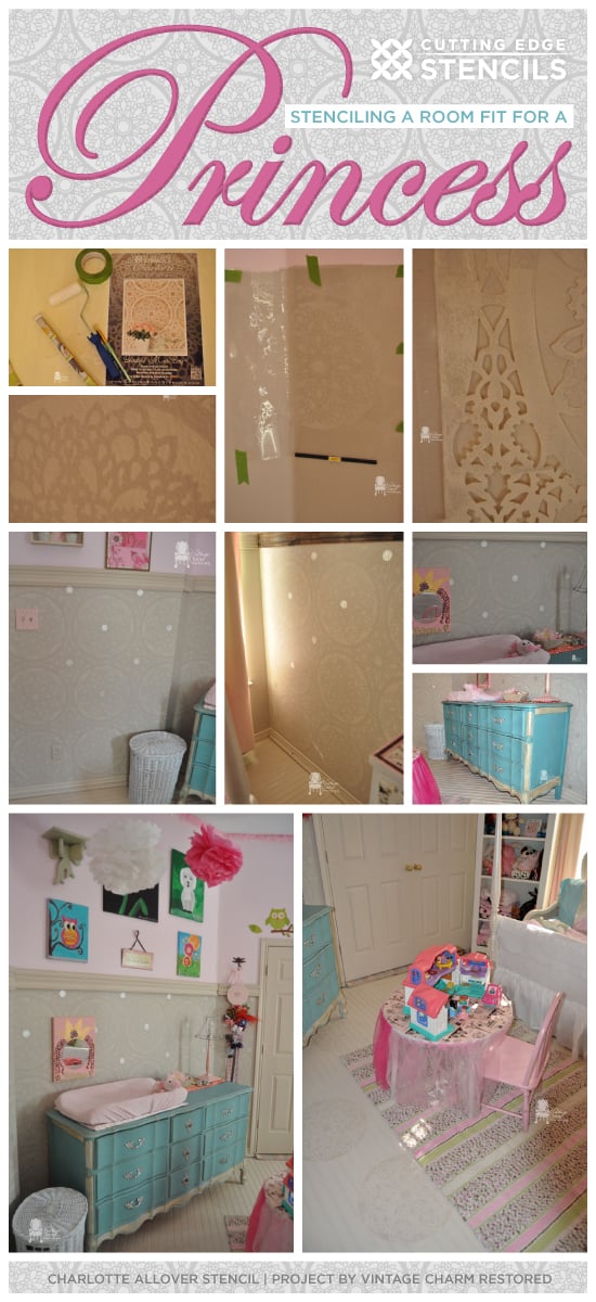 A Stenciled little girls' room using the Charlotte Allover Stencil from Cutting Edge Stencils. http://www.cuttingedgestencils.com/charlotte-allover-stencil-pattern.html