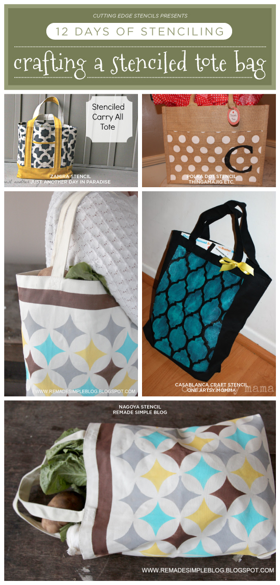 Cutting Edge Stencils shares stenciled tote bag ideas! http://www.cuttingedgestencils.com/craft-furniture-stencils.html