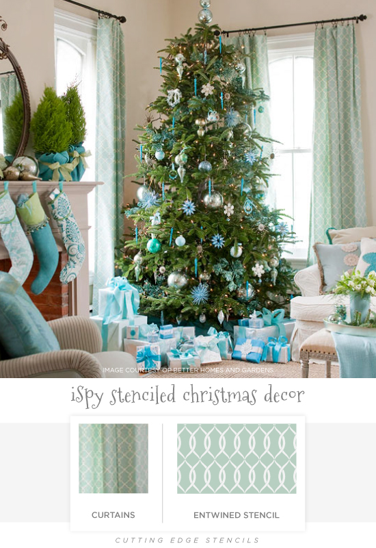 Stenciled holiday decor ideas like these Entwined stenciled curtains. http://www.cuttingedgestencils.com/stencil-pattern-2.html