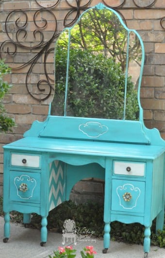 A turquoise stenciled vanity using the Herringbone Stencil pattern from Cutting Edge Stencils. http://www.cuttingedgestencils.com/herringbone-stencil-pattern.html