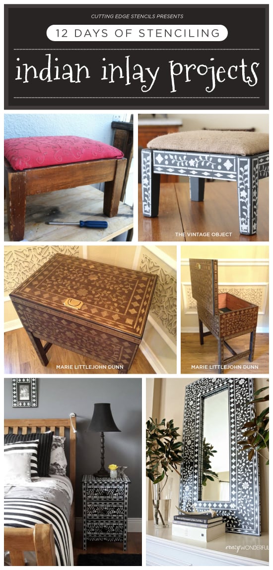 Cutting Edge Stencils shares Indian Inlay stenciled DIY home decor and Holiday gift options. http://www.cuttingedgestencils.com/indian-inlay-stencil-furniture.html