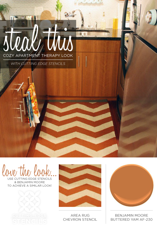 Cutting Edge SCutting Edge Stencils shares how to steal the look of this Chevron striped kitchen rug using stencils and Benjamin Moore paints. http://www.cuttingedgestencils.com/chevron-stencil-pattern.html