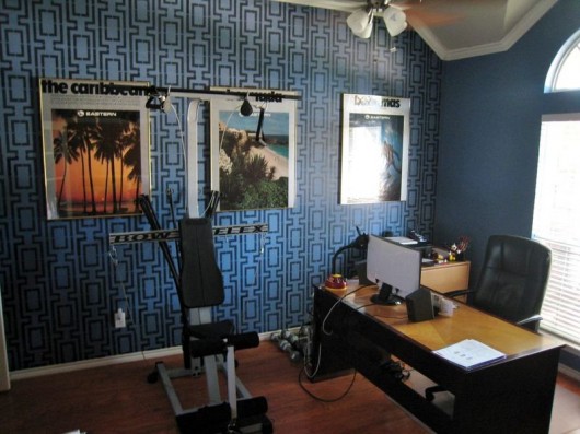 A Connection Allover Stencil in a blue home office and gym. http://www.cuttingedgestencils.com/wallpaper-stencil-connection.html