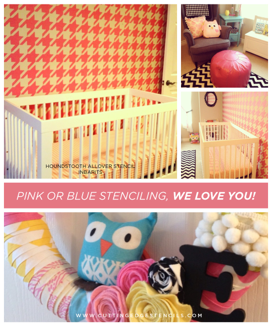 Cutting Edge Stencils shares a pink and white Houndstooth stenciled little girl's nursery idea. http://www.cuttingedgestencils.com/wall_stencil_houndstooth.html