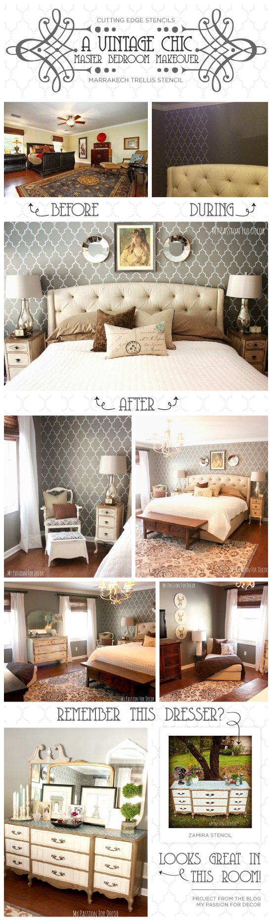 A gray DIY stenciled accent wall in a master bedroom using the Marrakech Trellis Stencil from Cutting Edge Stencils. http://www.cuttingedgestencils.com/moroccan-stencil-marrakech.htm