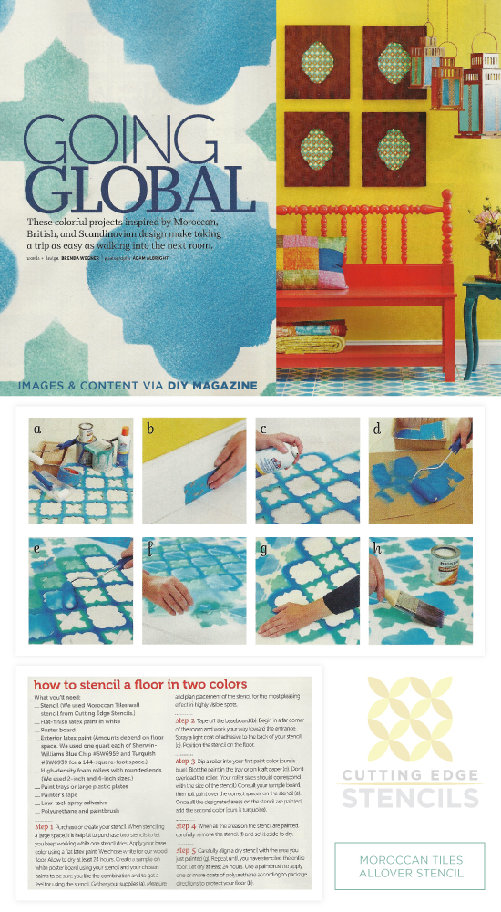 A Stenciled blue floor spotted in DIY Magazine using the Moroccan Tiles Stencil. http://www.cuttingedgestencils.com/moroccan-tiles-wall-pattern.html