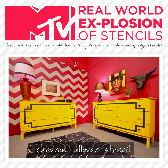MTV Real World Ex-plosion house is decked out with Cutting Edge Stencils' designs. http://www.cuttingedgestencils.com/wall-stencils-stencil-designs.html
