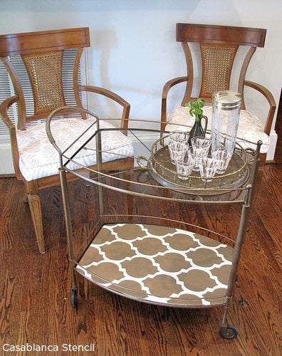A stenciled wooden tray on a bar cart using the Casablanca Allover Stencil. http://www.cuttingedgestencils.com/allover-stencils.html