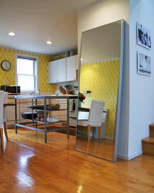 A yellow stenciled kitchen using the Casablanca Allover pattern. http://www.cuttingedgestencils.com/allover-stencils.html