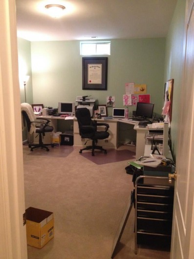 A before of a stenciled office makeover. http://www.cuttingedgestencils.com/chelsea-allover-wall-pattern.html