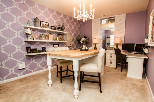 This is a purple stenciled accent wall in a home office using the Chelsea Allover Stencil. http://www.cuttingedgestencils.com/chelsea-allover-wall-pattern.html