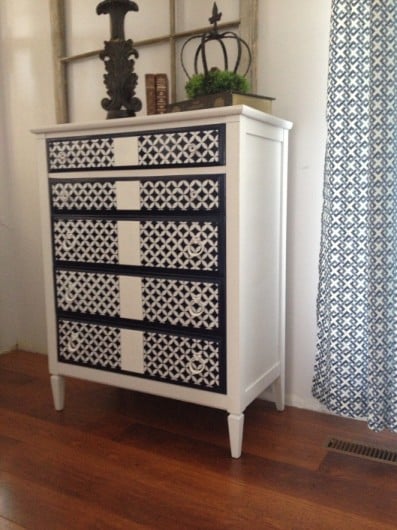This stenciled dresser uses the Nagoya Craft pattern from Cutting Edge Stencils. http://www.cuttingedgestencils.com/nagoya-furniture-stencil.html