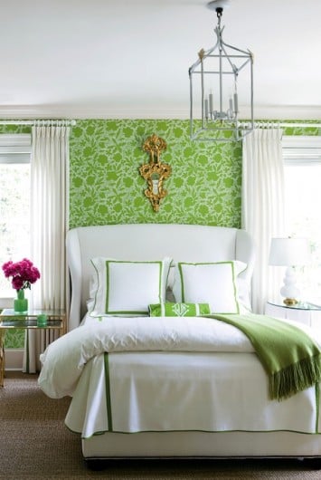 A stenciled accent wall in a green bedroom uses a similar pattern to our Japanese Peony Allover. http://www.cuttingedgestencils.com/japanese-peonies-floral-stencil-pattern.html