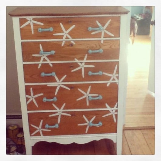 This stenciled dresser was given a makeover using the Starfish Allover pattern from Cutting Edge Stencils. http://www.cuttingedgestencils.com/starfish-stencil-beach-style-decor.html