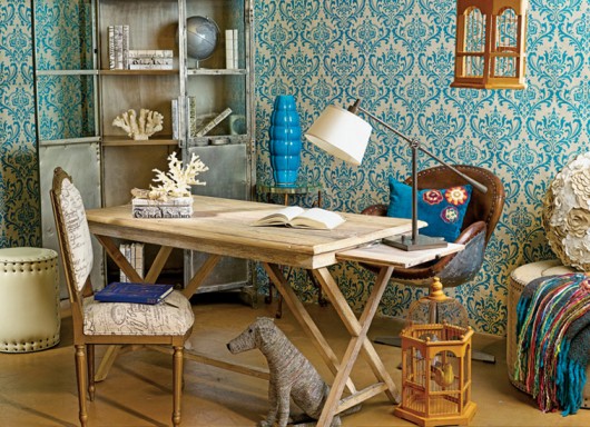 A stenciled accent wall in a blue office uses a stencil similar to our Anna Damask pattern. http://www.cuttingedgestencils.com/damask-stencil.html