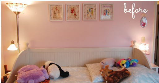A before shot of a stenciled bedroom makeover for a little girl. http://www.cuttingedgestencils.com/allover-stencil-birch-forest.html